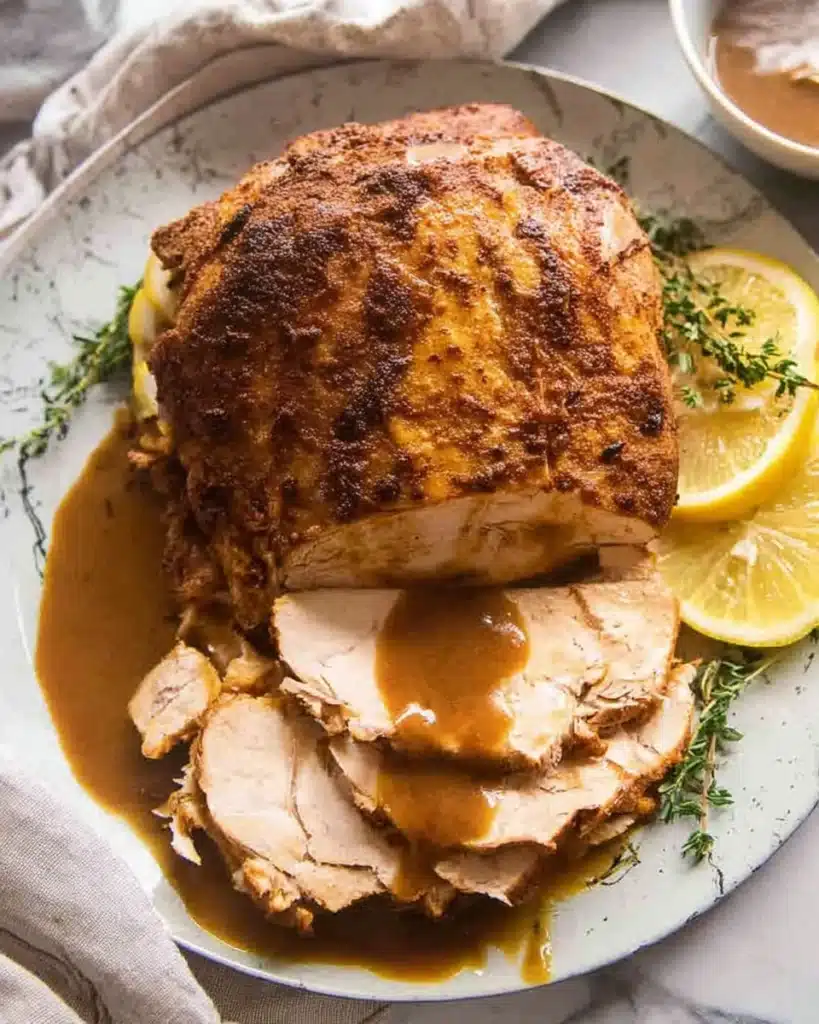 Juicy roasted turkey breast with gravy, lemon slices, and thyme on a white plate