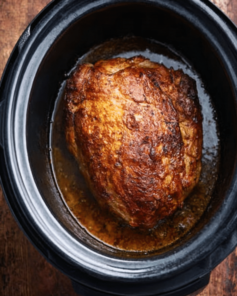 Golden roasted turkey breast in slow cooker pot