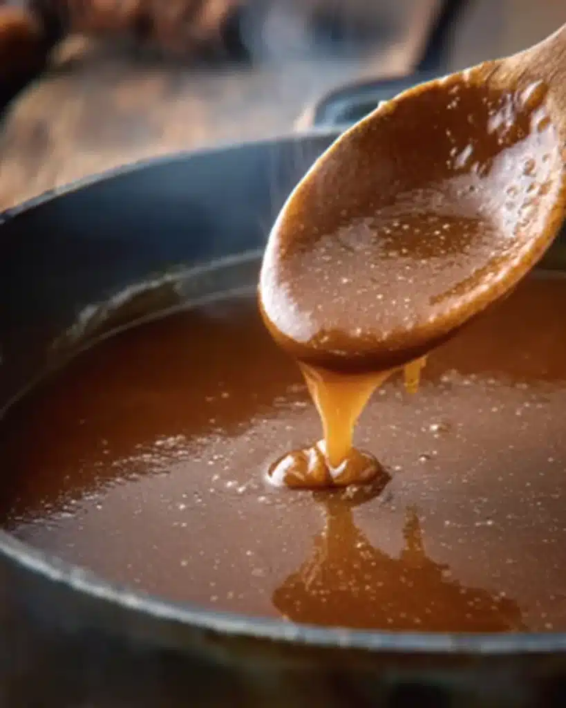 Homemade turkey gravy in saucepan with spoon dripping