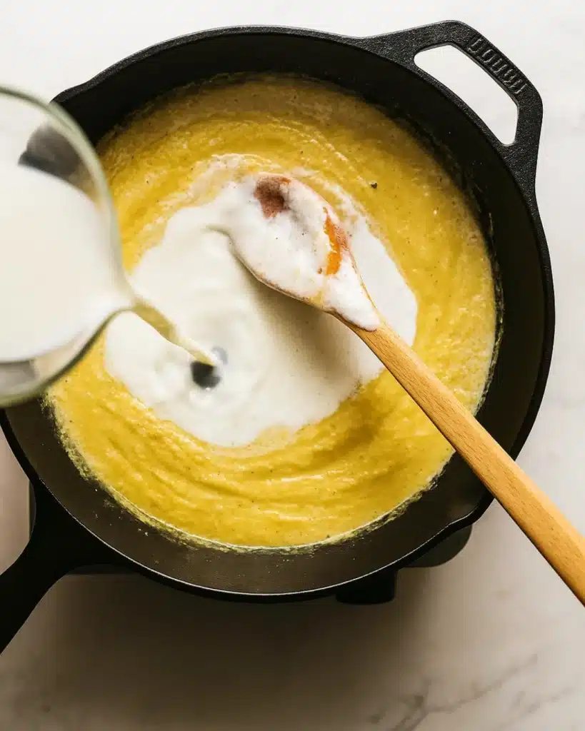 Milk poured into golden roux for baked mac and cheese sauce