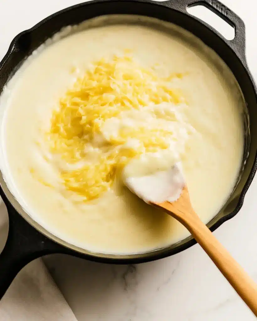 Shredded cheese added to creamy sauce in skillet for baked mac and cheese