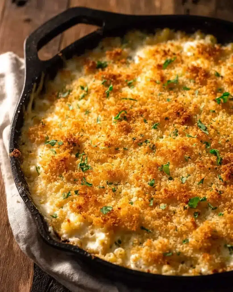 Baked mac and cheese in skillet with golden breadcrumb topping