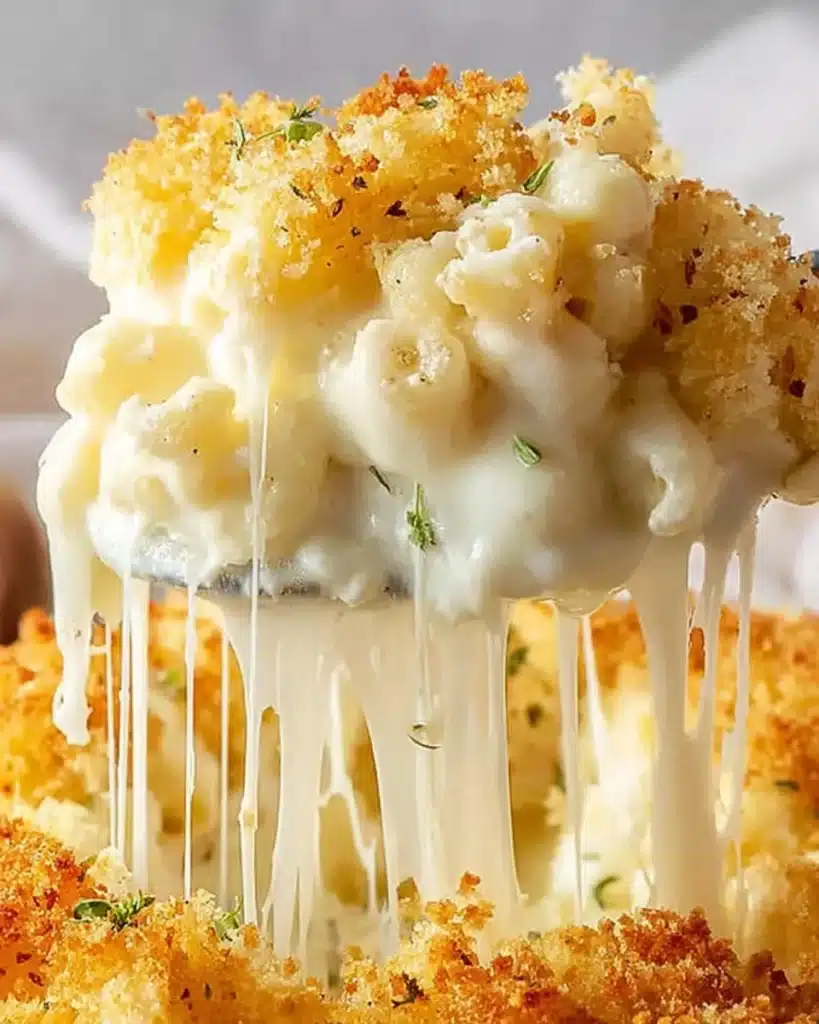 Baked mac and cheese with golden breadcrumb topping and melted cheese pull