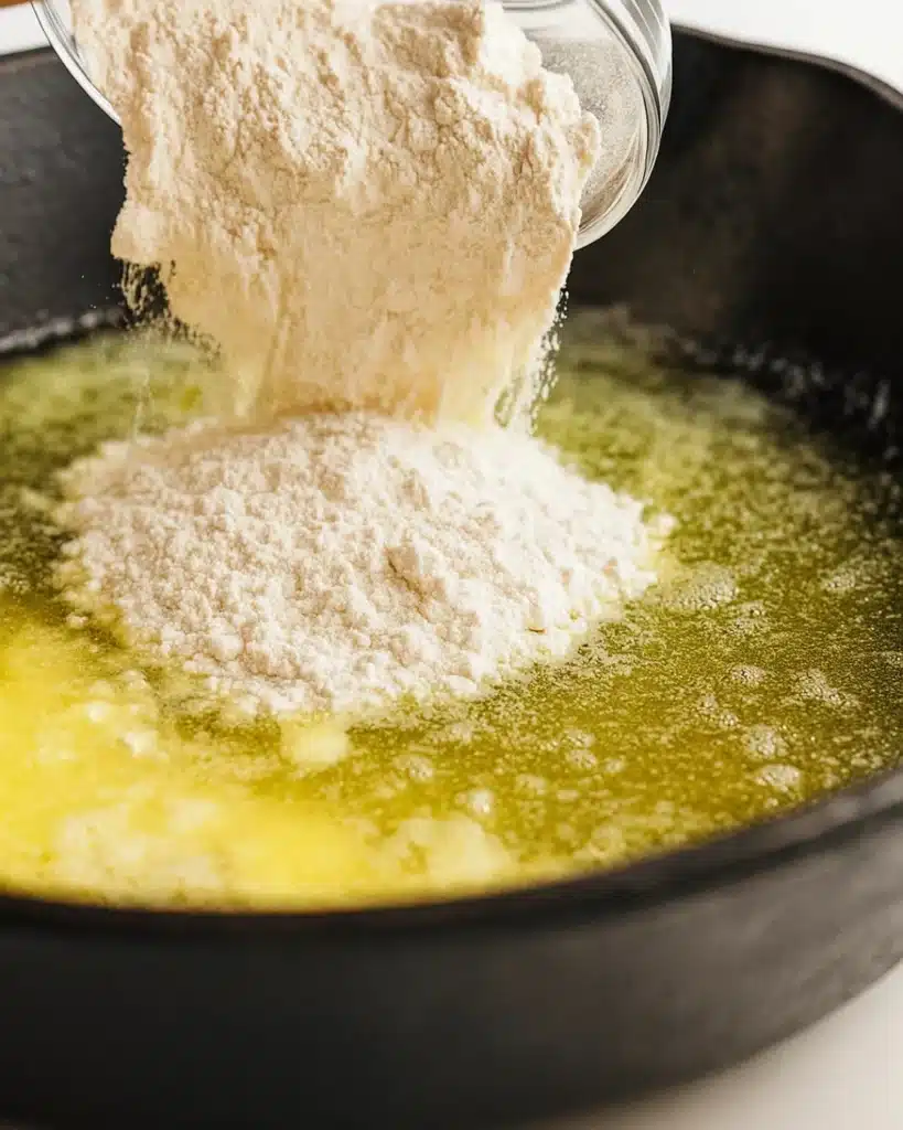 Flour poured into melted butter in skillet for baked mac and cheese roux
