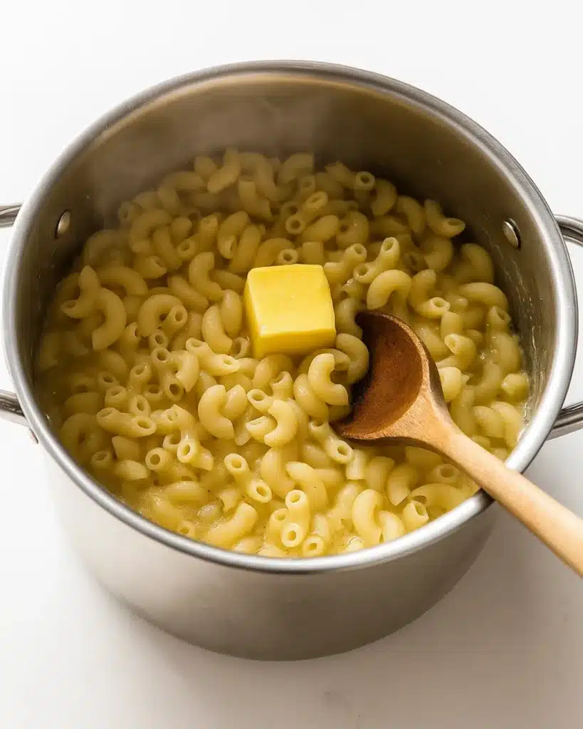 Cooked macaroni with butter in pot for baked mac and cheese