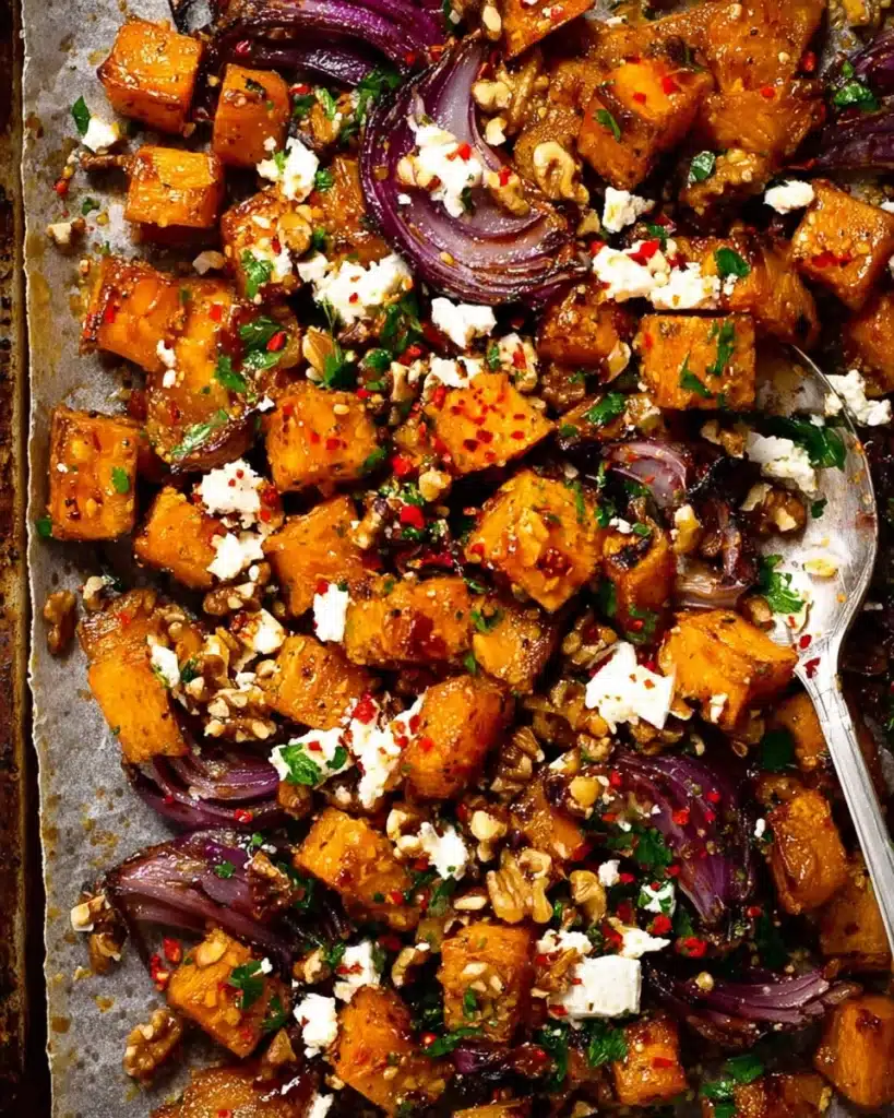 Maple Roasted Pumpkin with Chili and Feta 4 Maple roasted pumpkin with chili, feta, walnuts, and parsley on tray