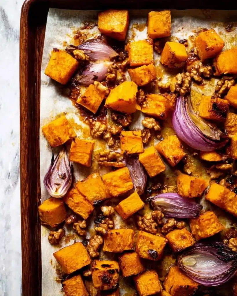 Maple Roasted Pumpkin with Chili and Feta 3 Roasted pumpkin with chili, onions, and walnuts on a baking tray
