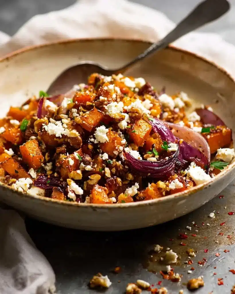 Maple Roasted Pumpkin with Chili and Feta 1 Maple roasted pumpkin with chili, walnuts, and feta in a rustic bowl