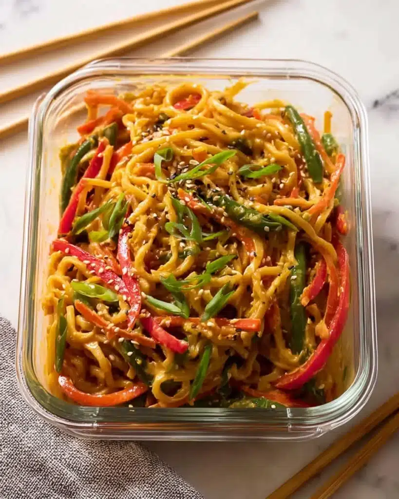 Noodle salad with sesame peanut dressing, fresh vegetables, and sesame seeds in a bowl.