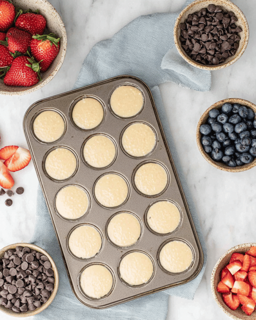 Mini muffin tin filled with pancake batter and toppings ready to bake