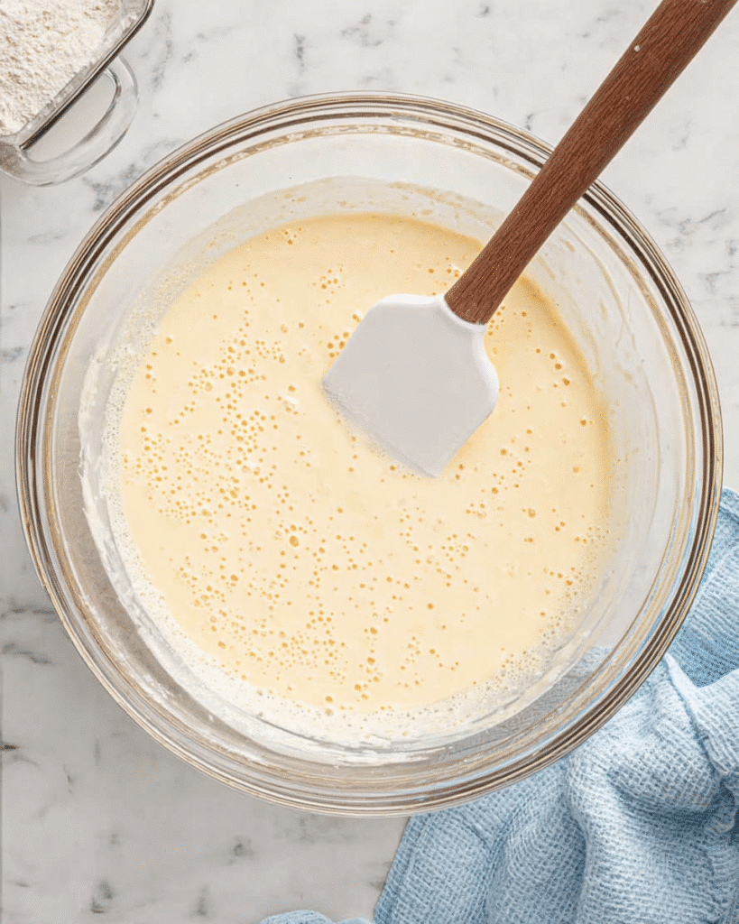 Smooth pancake mini muffins batter in a glass mixing bowl with spatula
