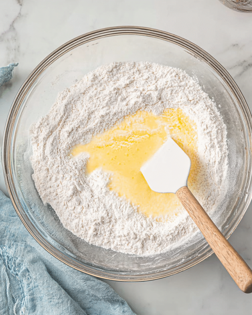 Combining dry and wet ingredients for pancake mini muffins in a glass bowl