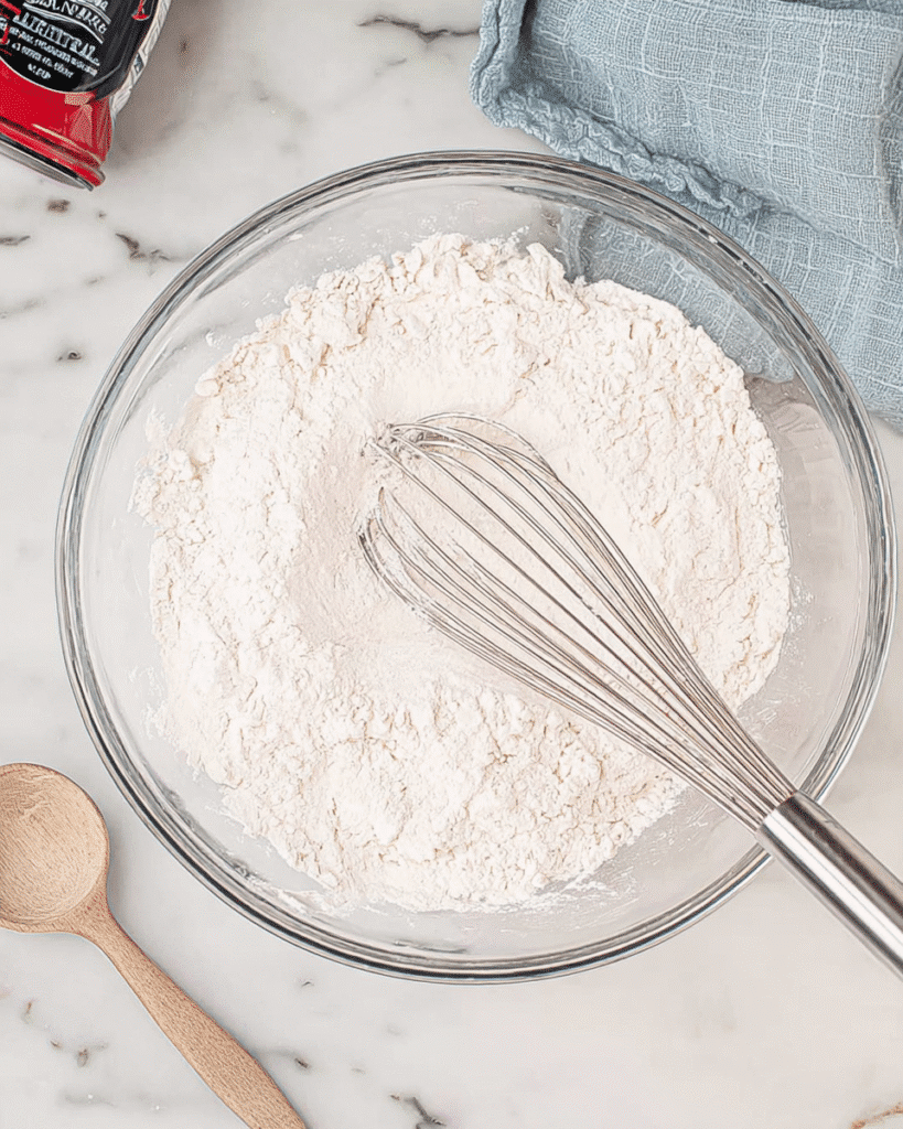 Mixing dry ingredients for pancake mini muffins in a glass bowl