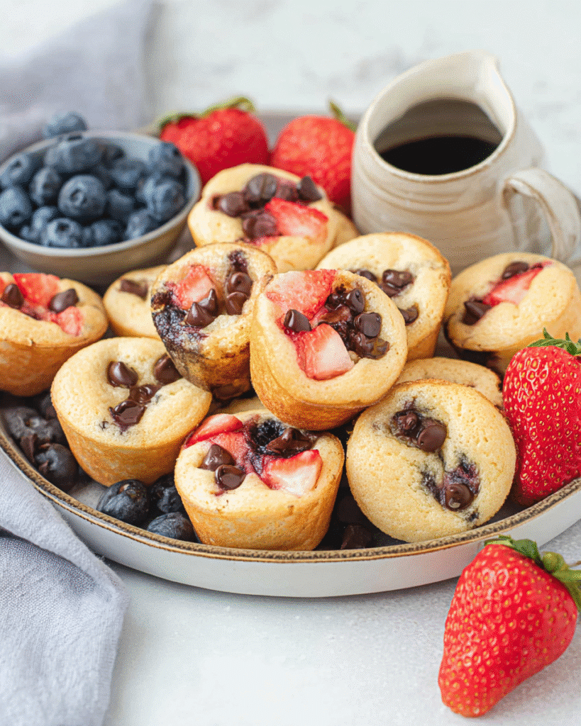 Fluffy pancake mini muffins with chocolate chips, blueberries, and strawberries on a plate