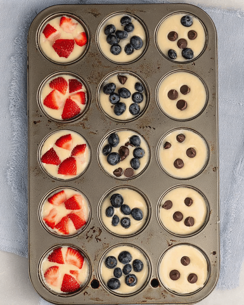 Mini muffin tin with pancake batter topped with blueberries, strawberries, and chocolate chips