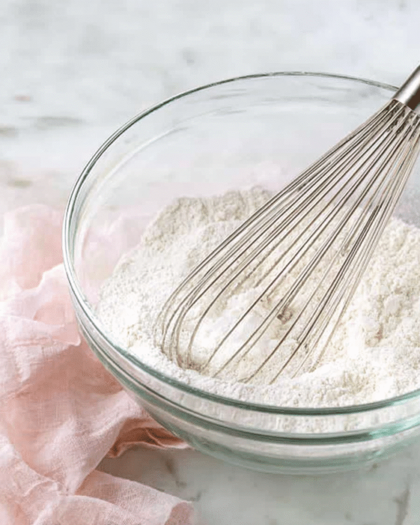 Glass bowl of flour with whisk on marble countertop