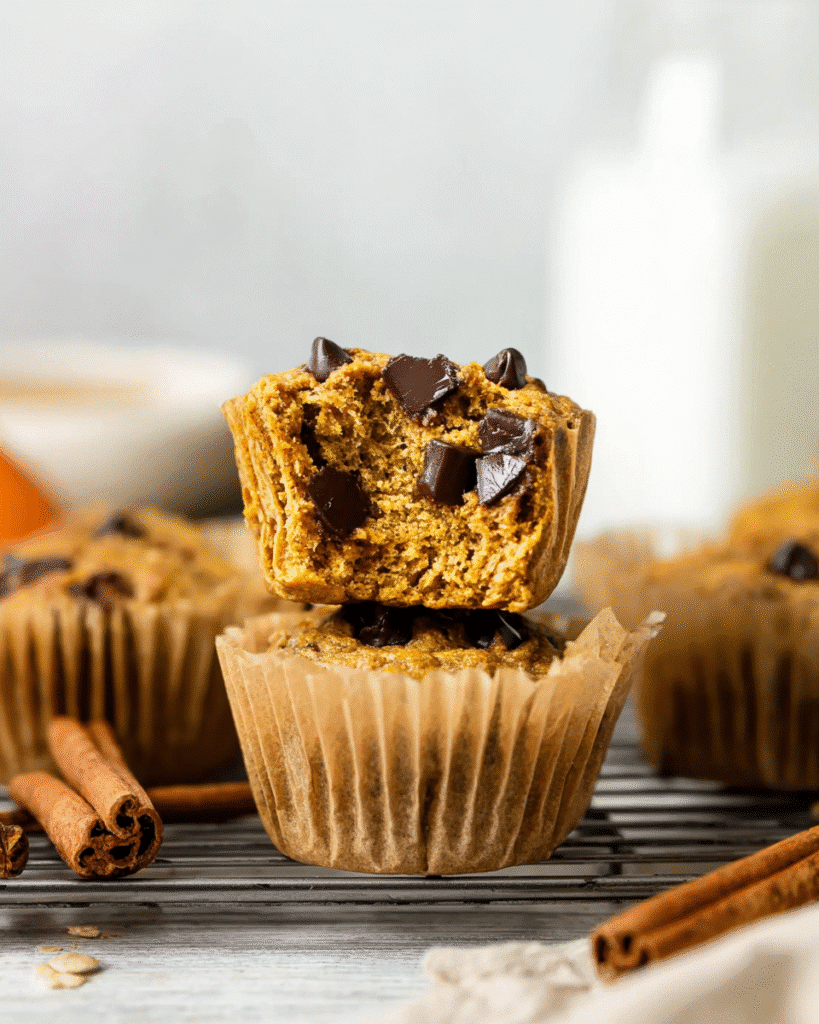 Pumpkin chocolate chip protein muffin with bite showing fluffy texture