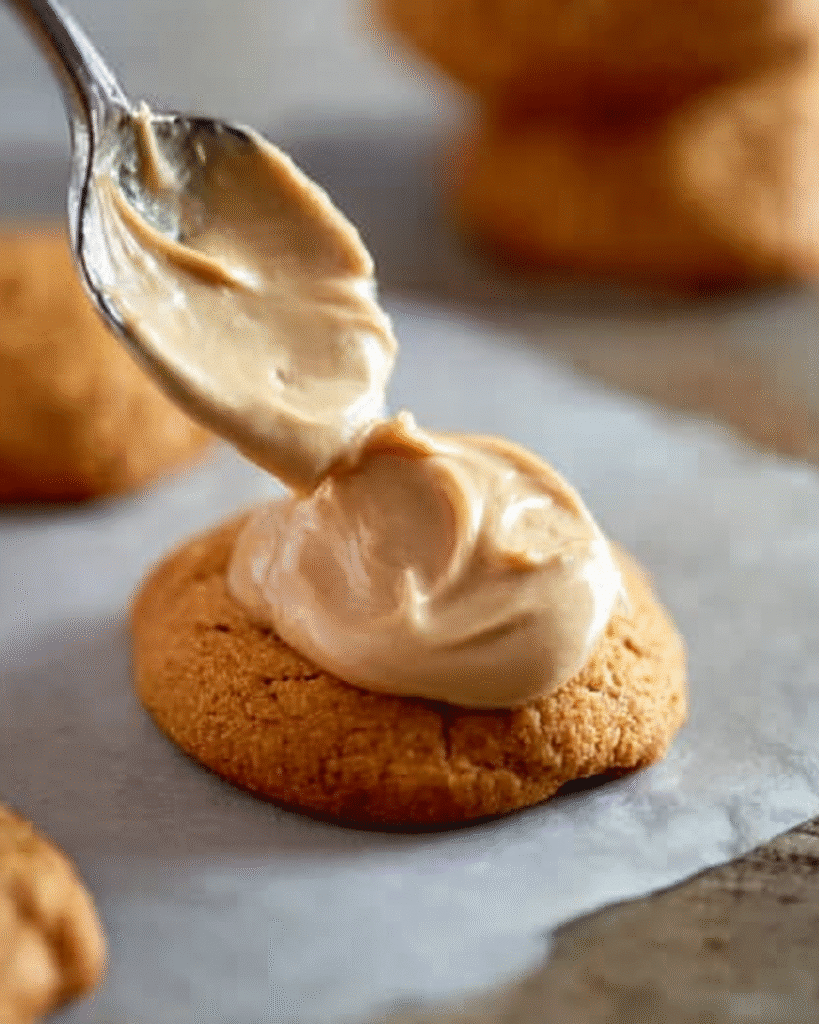Spoon spreading caramel frosting on a soft pumpkin cookie