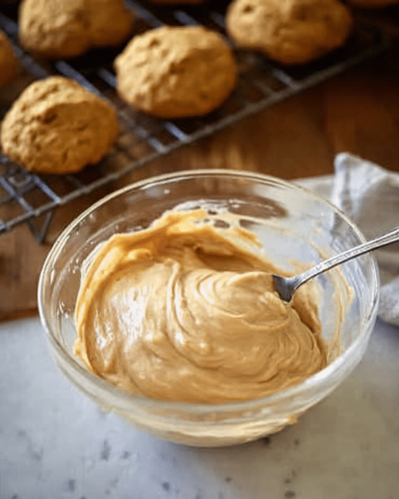 Glass bowl of caramel frosting with unfrosted pumpkin cookies