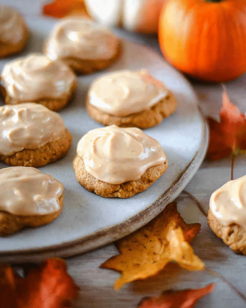 Pumpkin cookies with caramel frosting and fall decorations