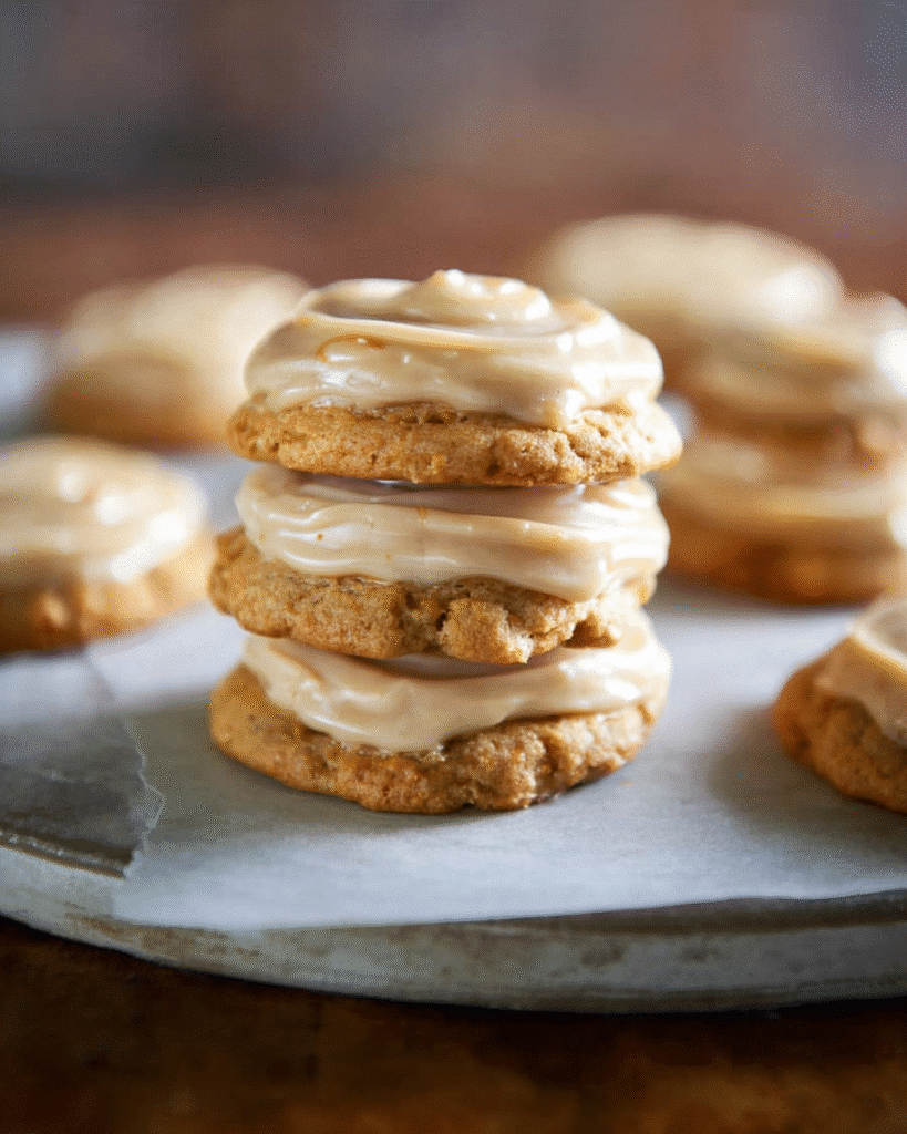 Stack of pumpkin cookies with caramel frosting on marble