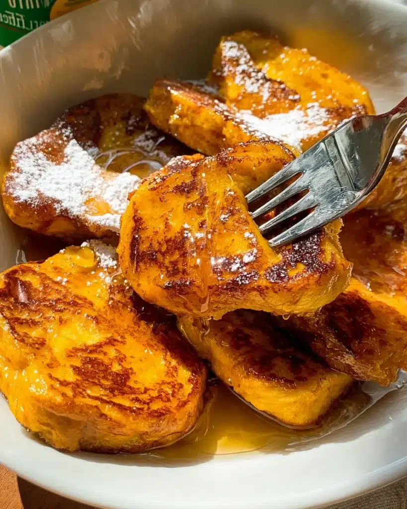 Pumpkin French Toast with syrup and a fork in a white bowl