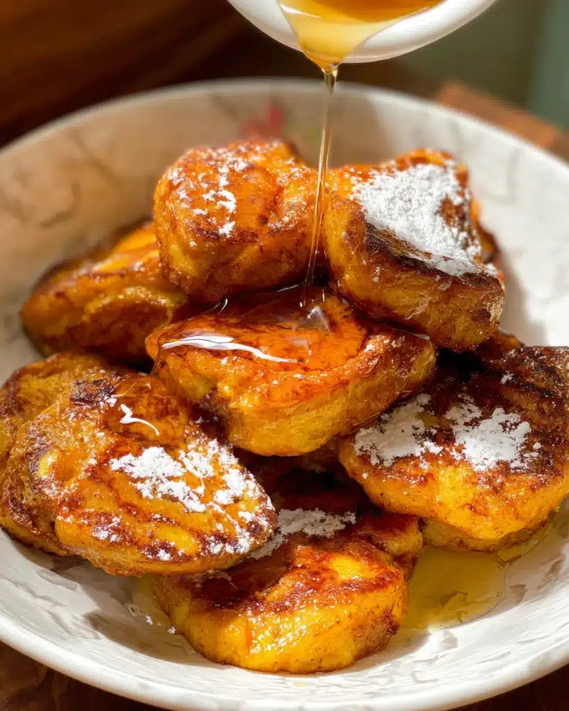 Pumpkin French Toast bites with maple syrup and powdered sugar in a white bowl