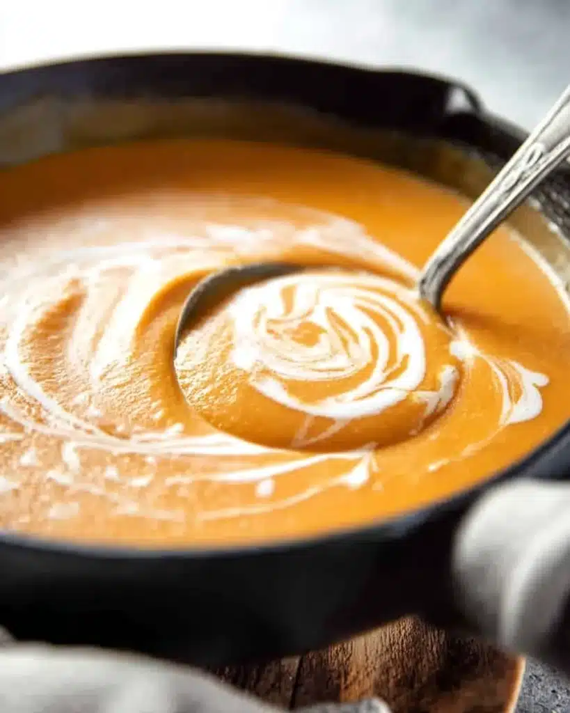 Creamy pumpkin soup in a black bowl with cream swirl and ladle