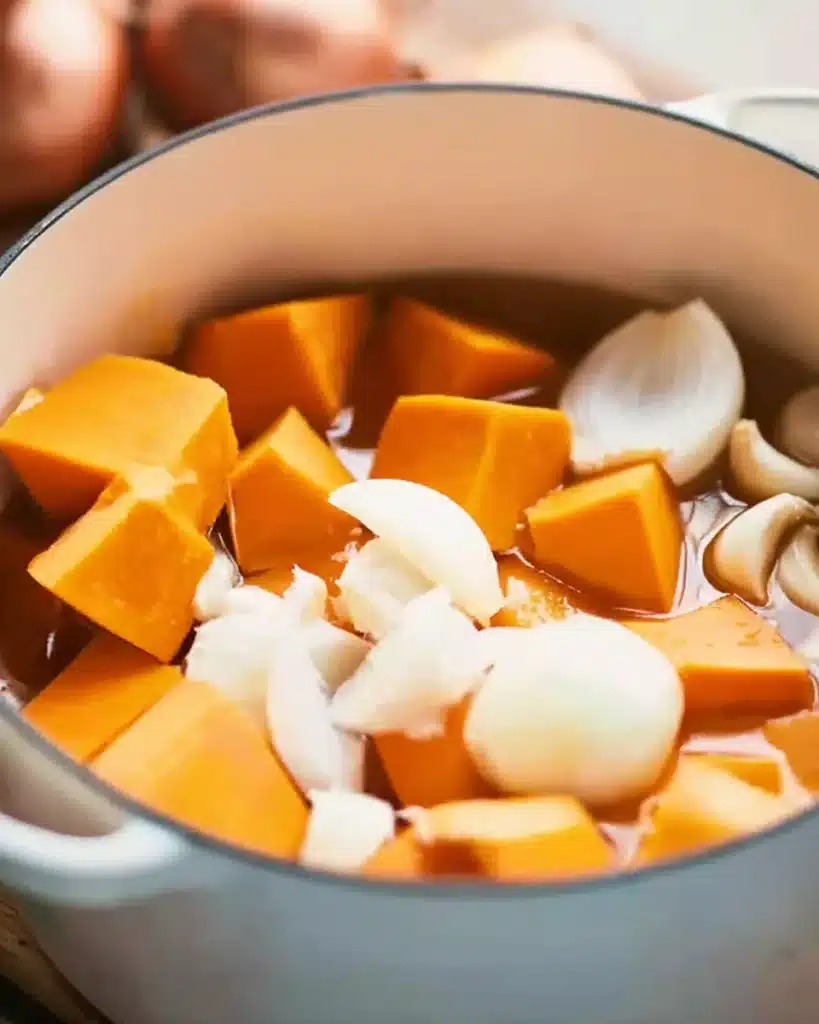 Pumpkin soup ingredients in pot with pumpkin, onion, and garlic