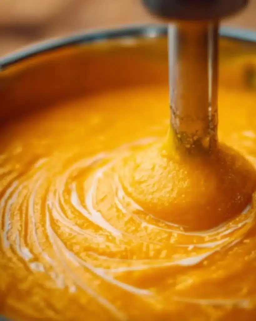 Pumpkin soup blending with immersion blender until smooth