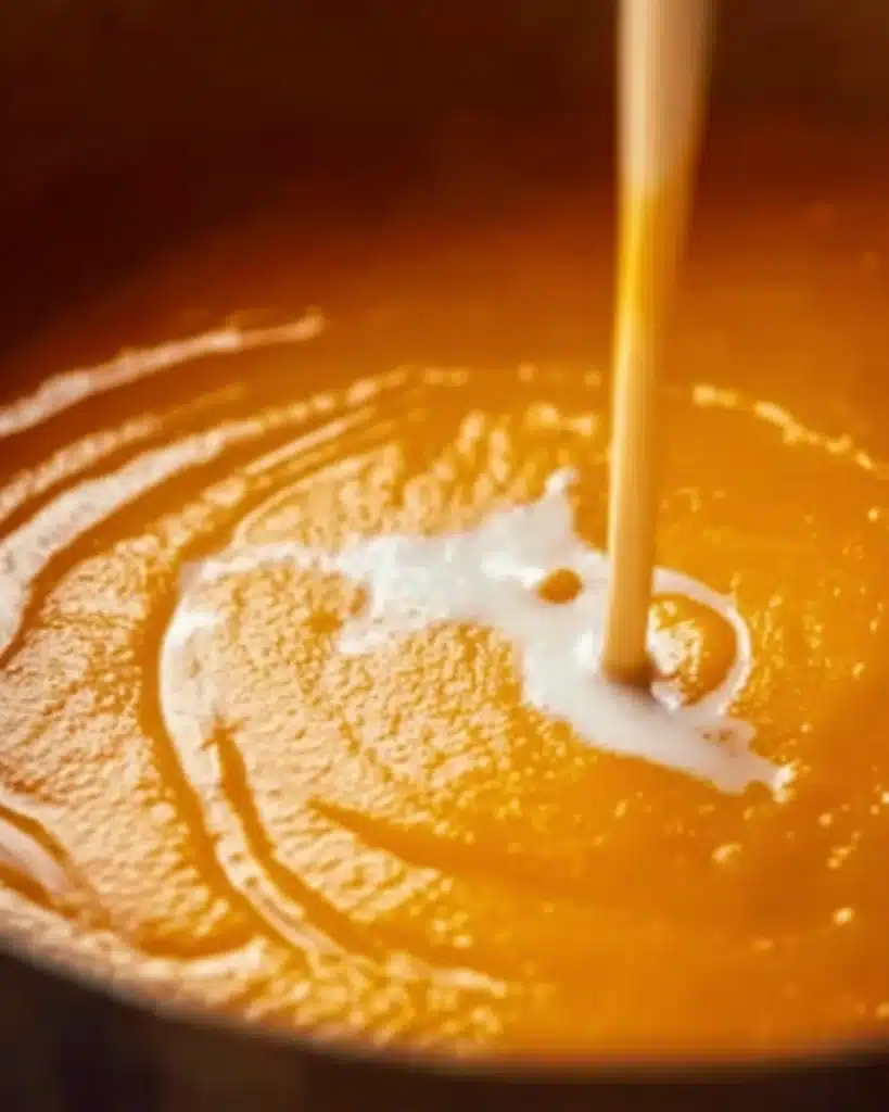 Cream being poured into blended pumpkin soup