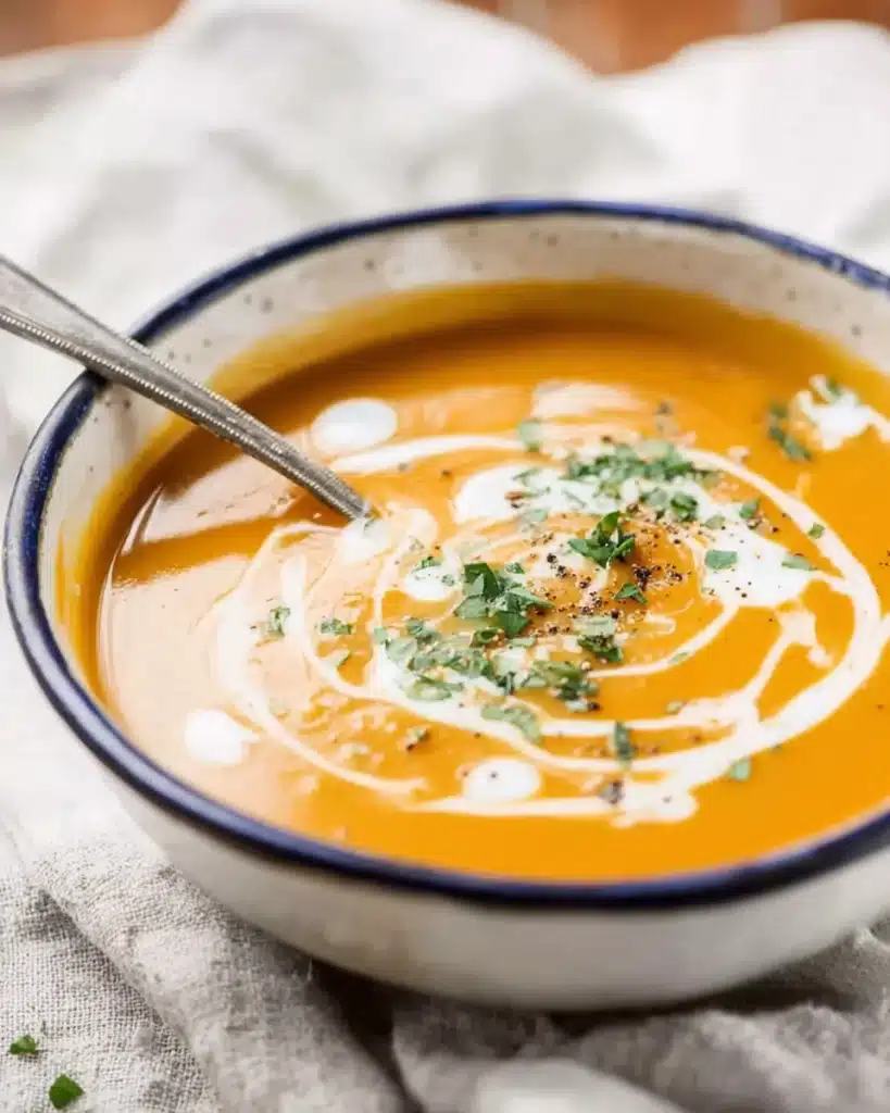 Pumpkin soup in bowl with cream swirl and herbs