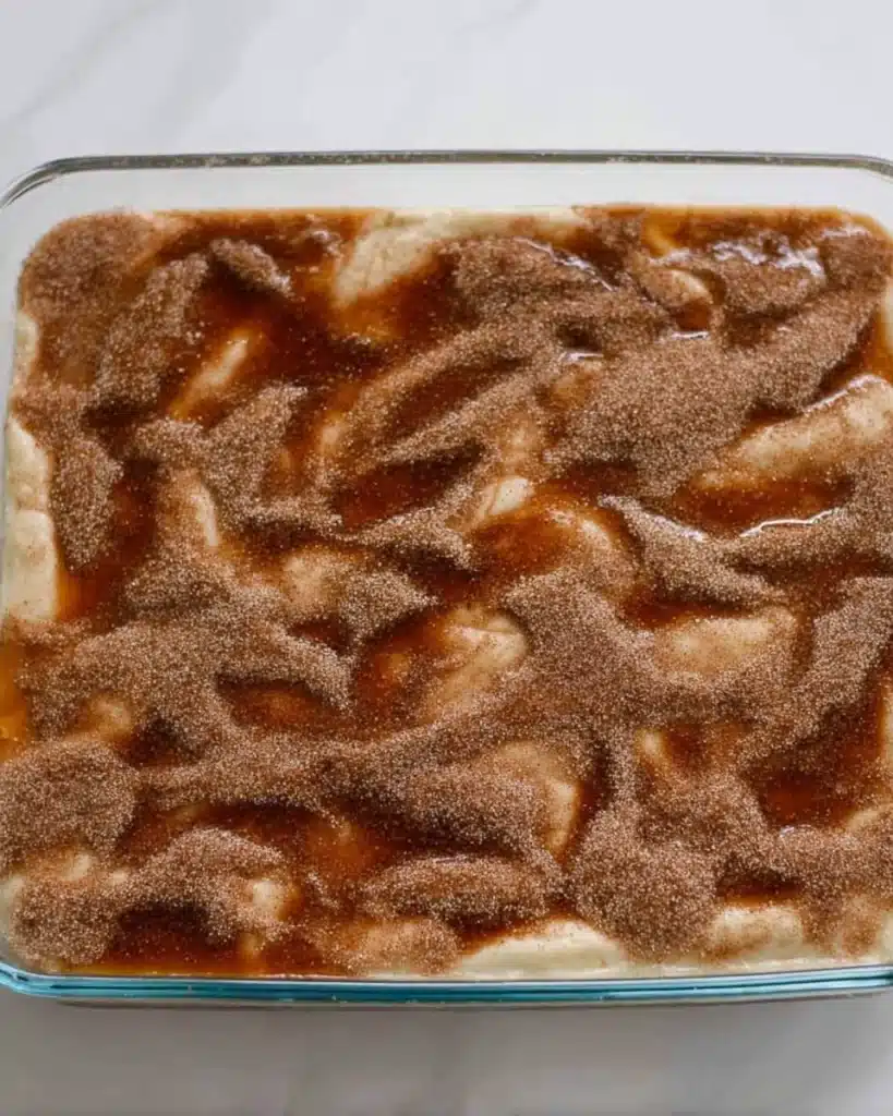 Simple Churro Cheesecake Recipe 3 Glass dish of Simple Churro Cheesecake topped with cinnamon sugar before baking