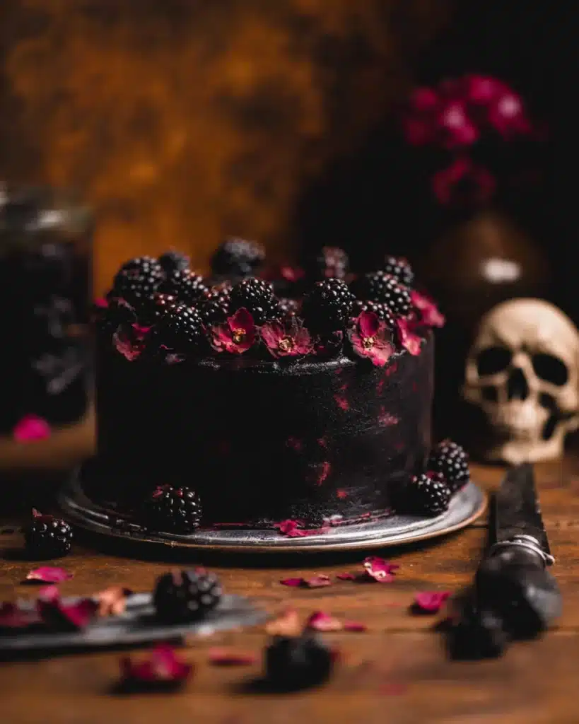Spooky black velvet Halloween cake with chocolate skulls and blackberries