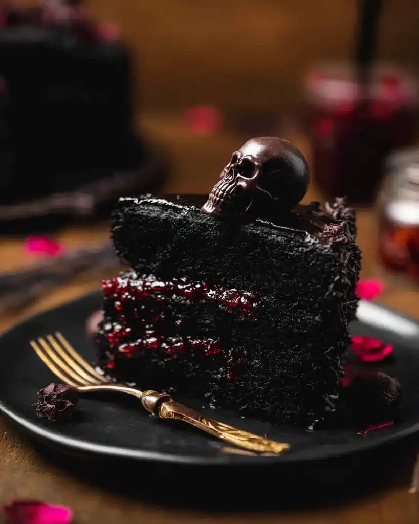 Slice of spooky black velvet Halloween cake with chocolate skull