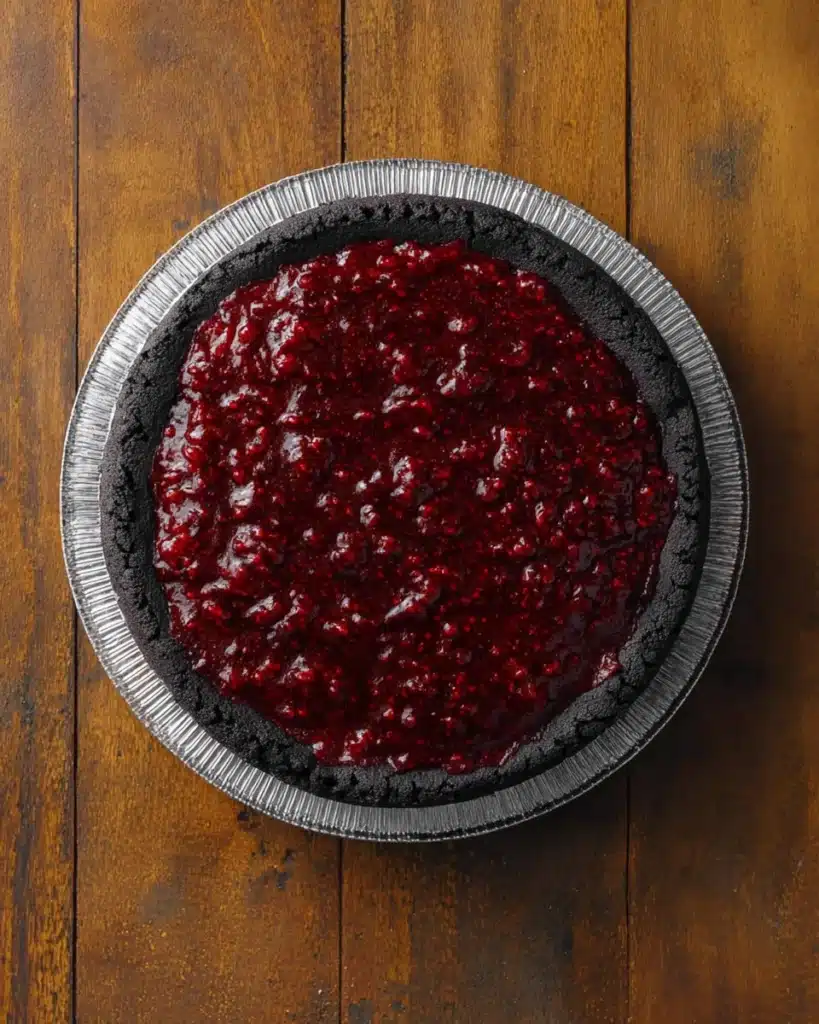 Black velvet Halloween cake layer topped with glossy blackberry compote