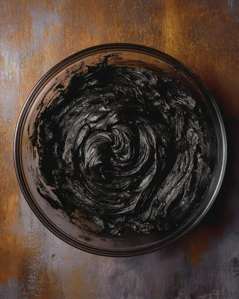 Black cocoa frosting for spooky Halloween cake in glass bowl