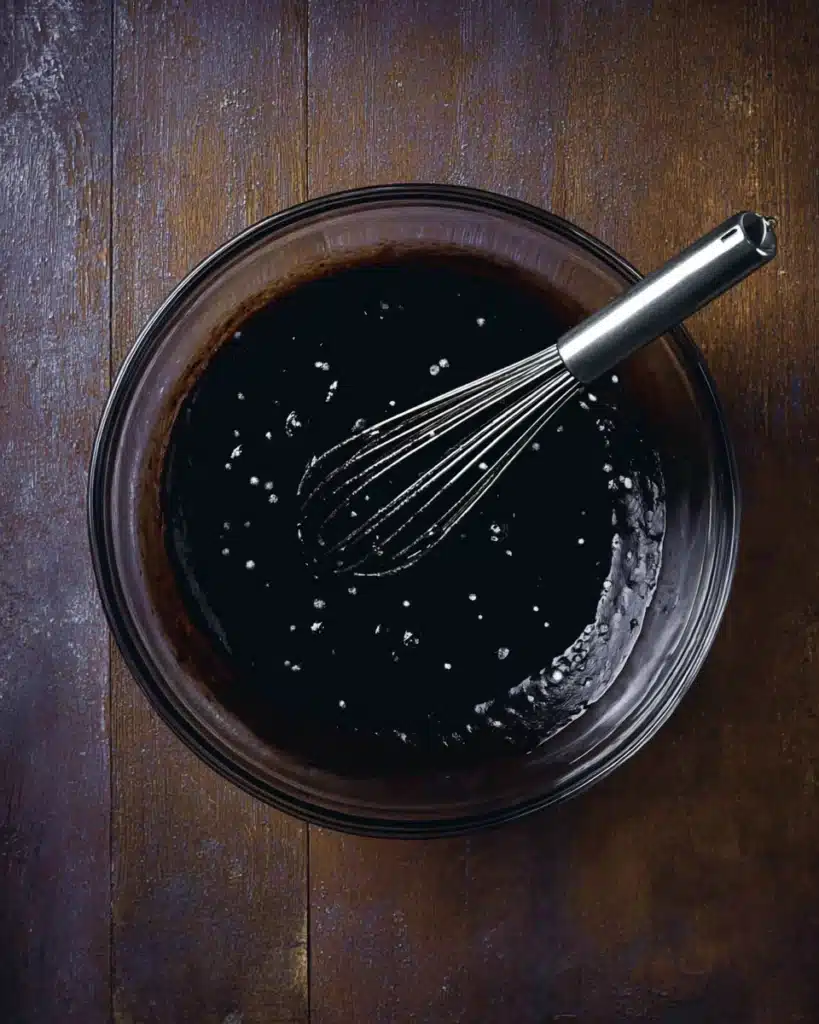 Smooth black velvet Halloween cake batter with whisk in glass bowl
