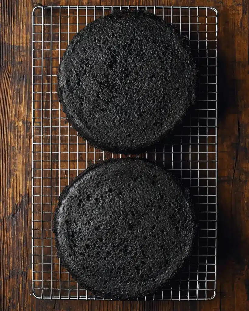 Black velvet Halloween cake layers cooling on wire rack