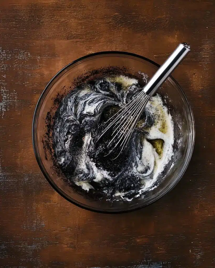Mixing black velvet Halloween cake batter with whisk in glass bowl