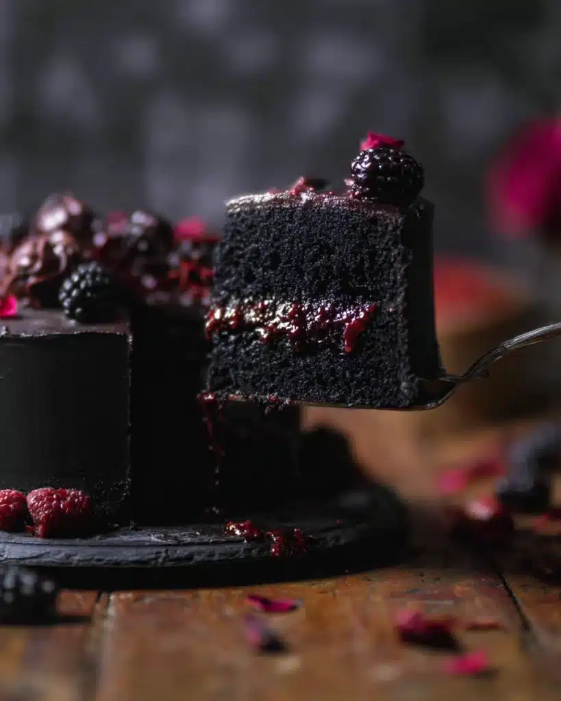 Black velvet Halloween cake with chocolate skulls, blackberry filling, and gothic decorations