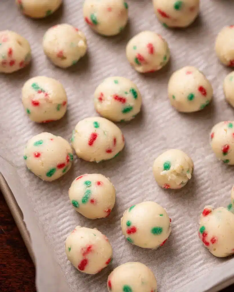 Cookie dough balls with sprinkles for sugar cookie cheesecake