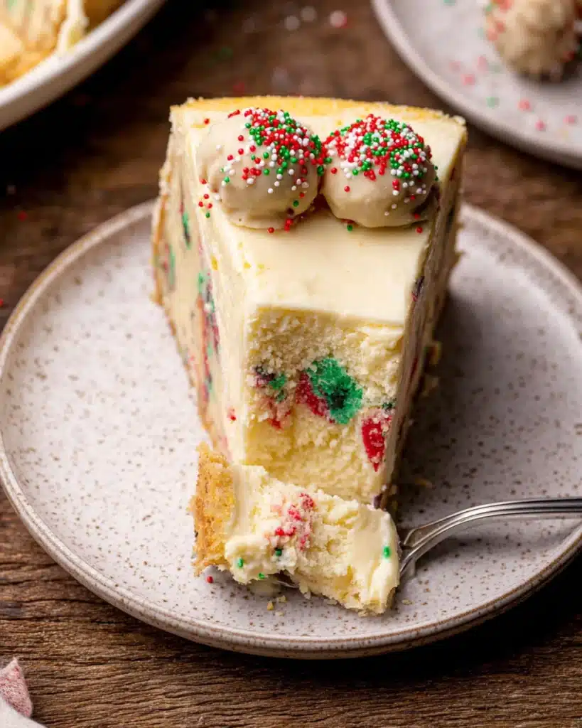 Slice of sugar cookie cheesecake with sprinkles on plate