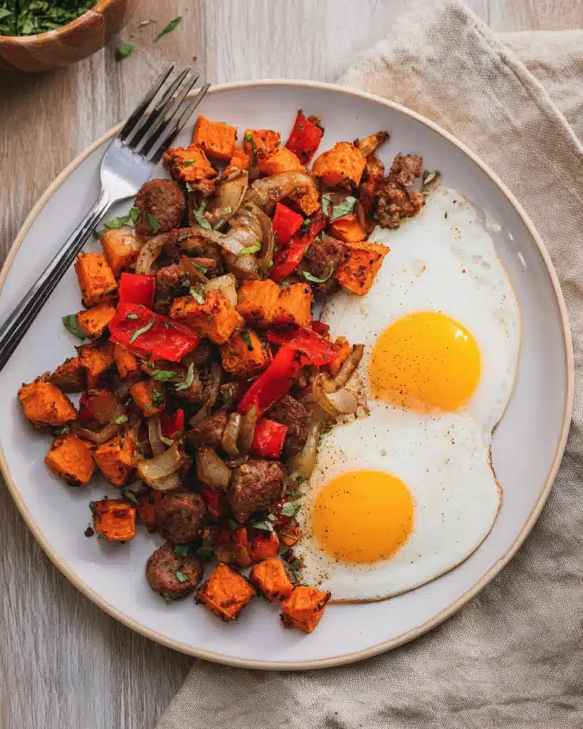 Sweet Potato Breakfast Hash (Thanksgiving Recipe) 1 Sweet potato breakfast hash with sausage, peppers, and sunny-side-up eggs on a plate