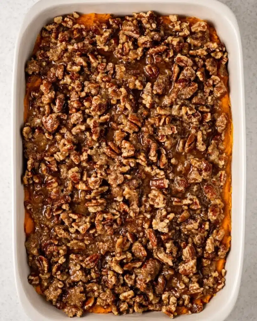 Sweet potato casserole topped with crunchy pecan crumble