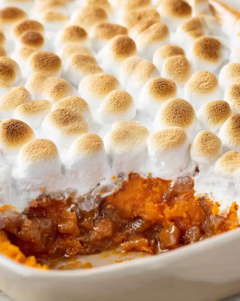 Sweet potato casserole with marshmallows showing gooey filling