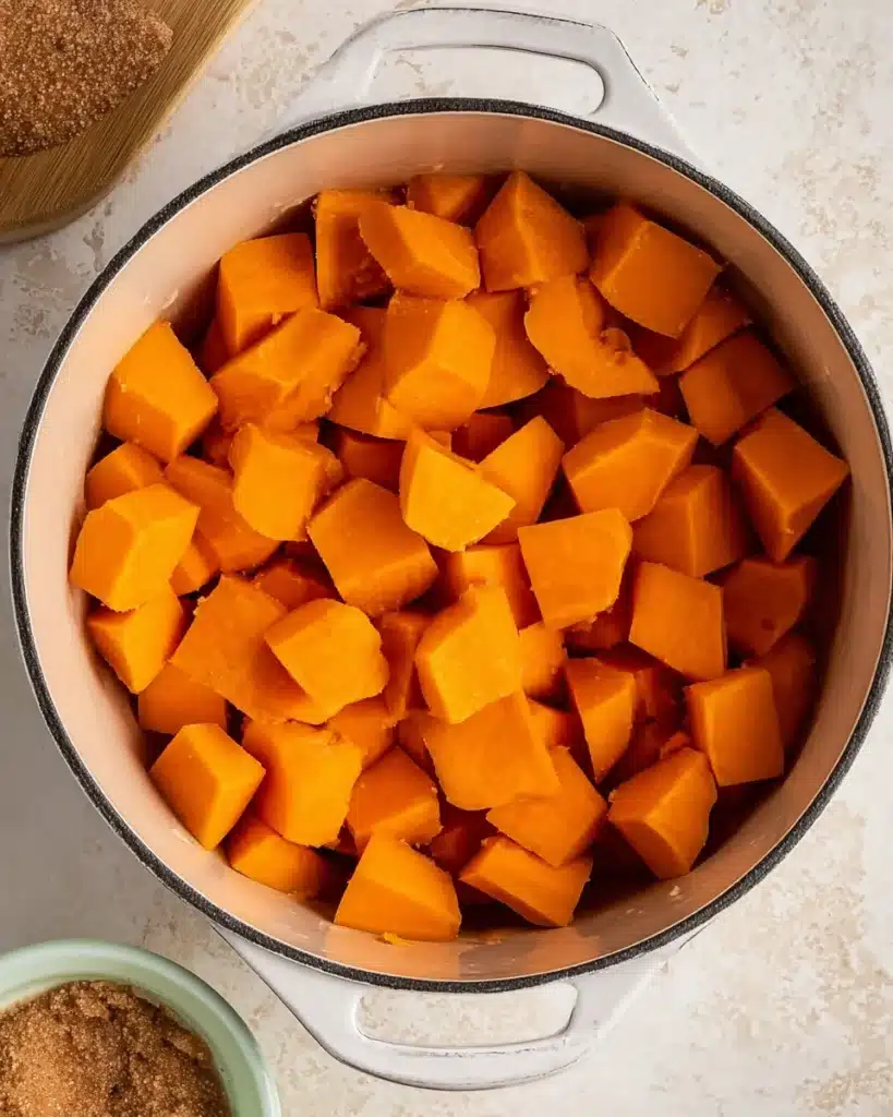 Boiled sweet potato chunks in a pot ready to be mashed