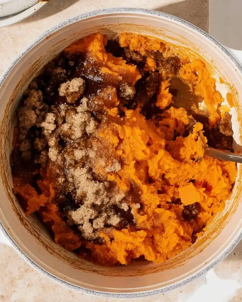 Sweet potato casserole filling with butter, brown sugar, and spices in pot