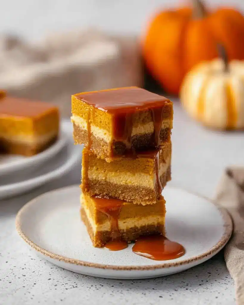 Pumpkin cheesecake bars with caramel drizzle stacked on a plate
