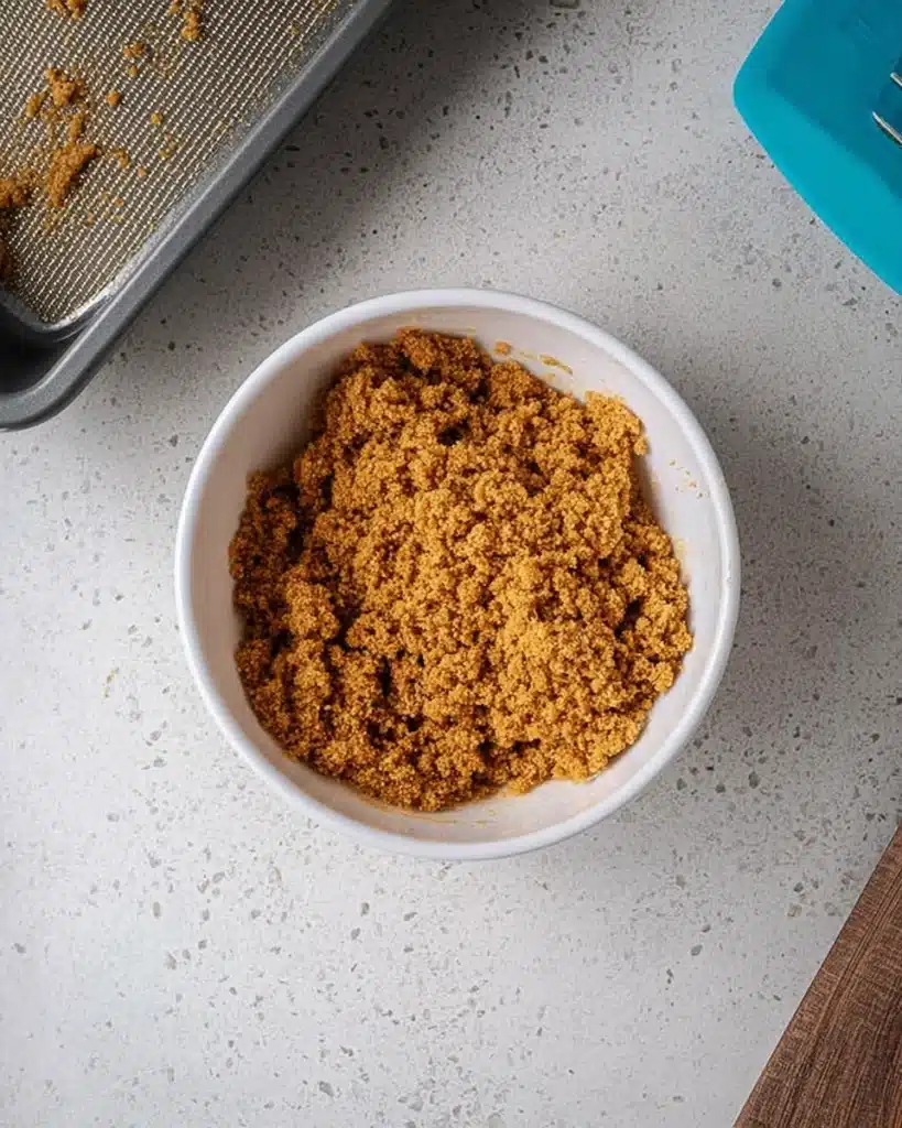Graham cracker crumb mixture in bowl for cheesecake crust
